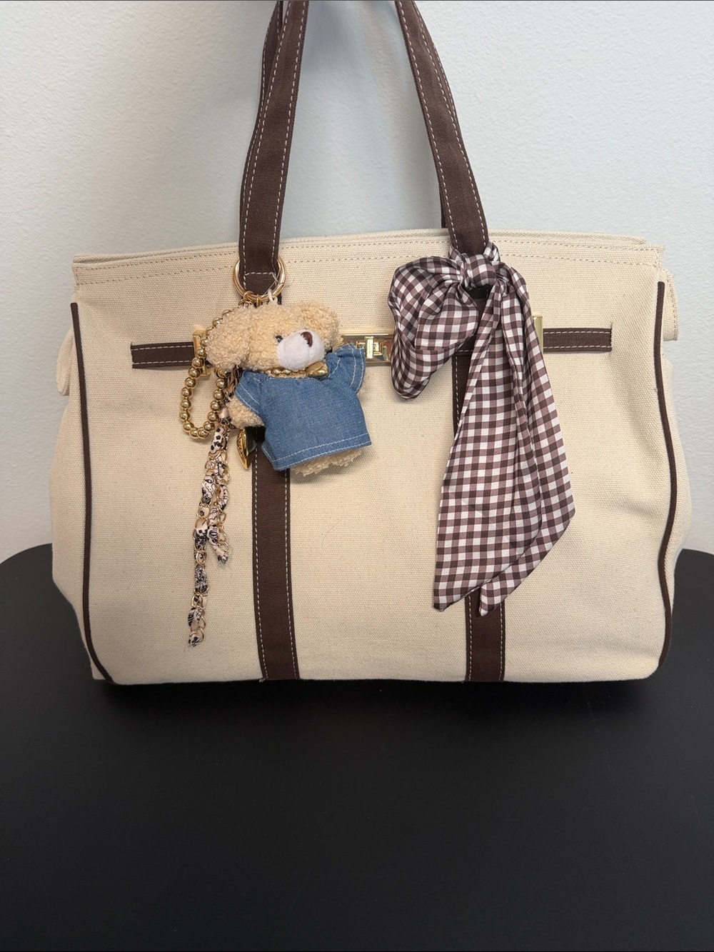 Sol and Mer | Brown Gingham “Boatkin” Canvas Tote w/ Scarf & Bag Charms 🤎🧸